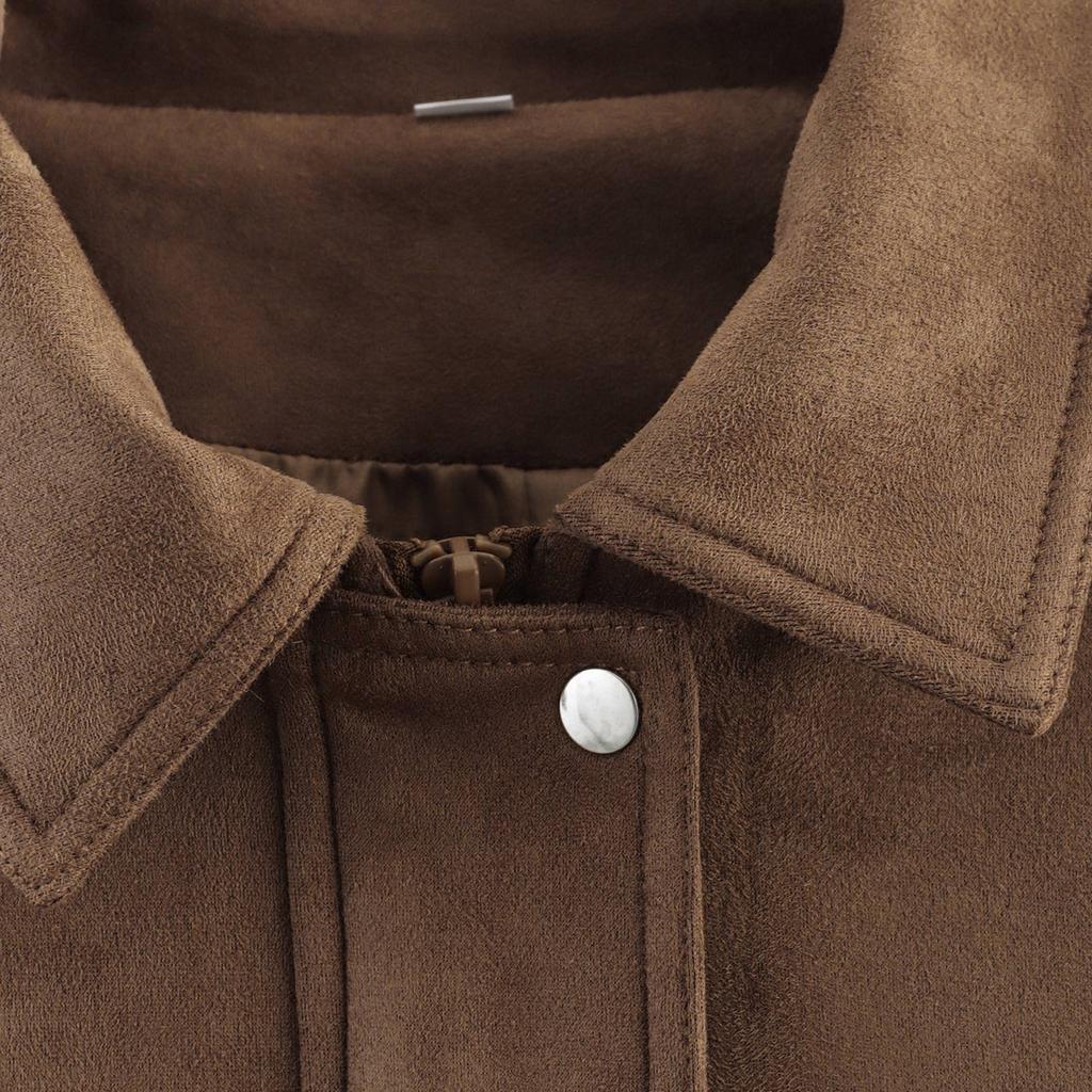 Women's Faux Suede Button Jacket Oversized Gathered Hem Short Length Coat Casual Vintage Outerwear With Pockets