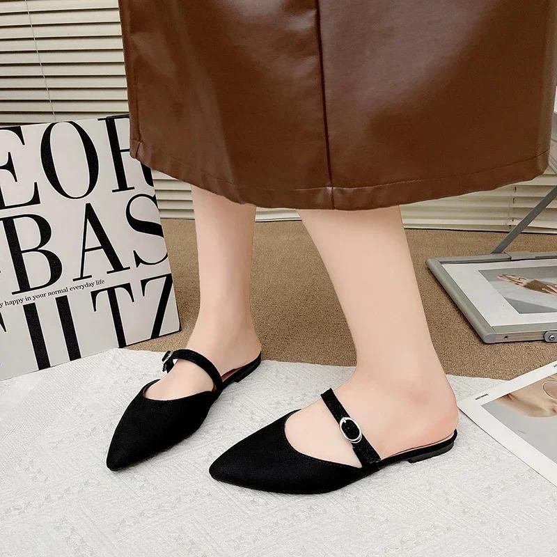 Brand Women Shoes 2025 Casual Mules New Women's Slippers Fashion Pointed Buckle Slipper Sexy Cover Toe Low Heel Dress Shoes Lady