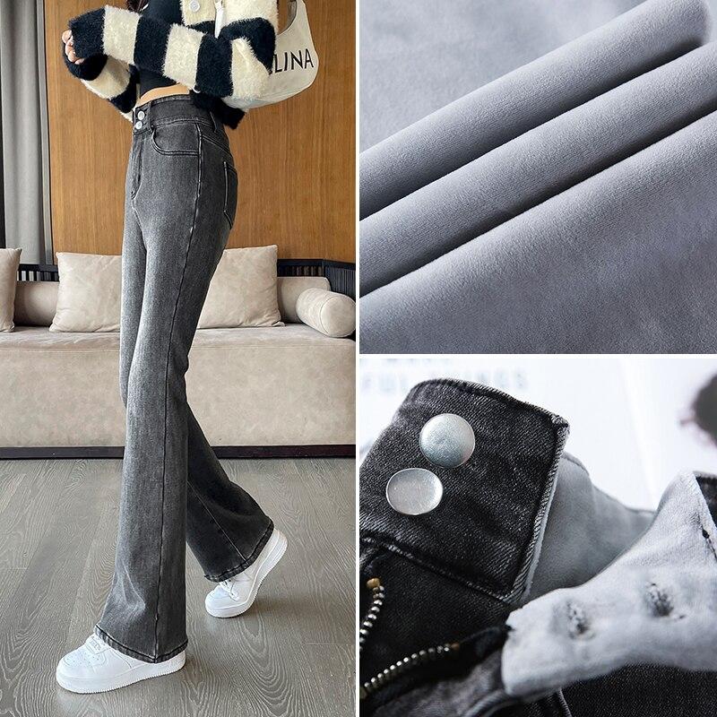 Vinter Tykk Fløyel Kvinner Høy Midje Casual Denim Blyantbukser Løse Jeans Mote retroVarm Fleece Varm Slim Fit Stretch Damer