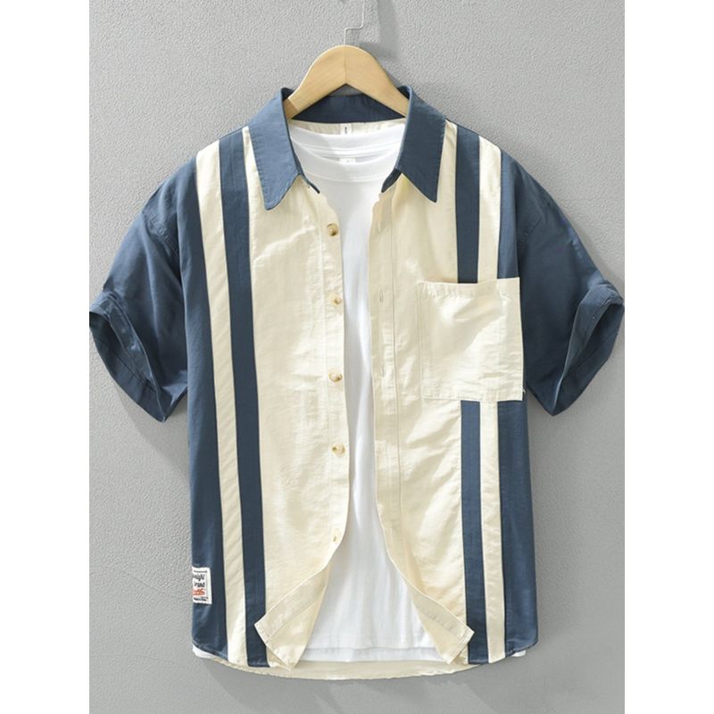 Summer 2025 New Japan Fashion Navy Style Short Sleeve Shirts Men's Hong Kong Style Fashion Brand Cargo Patchwork Casual Shirt