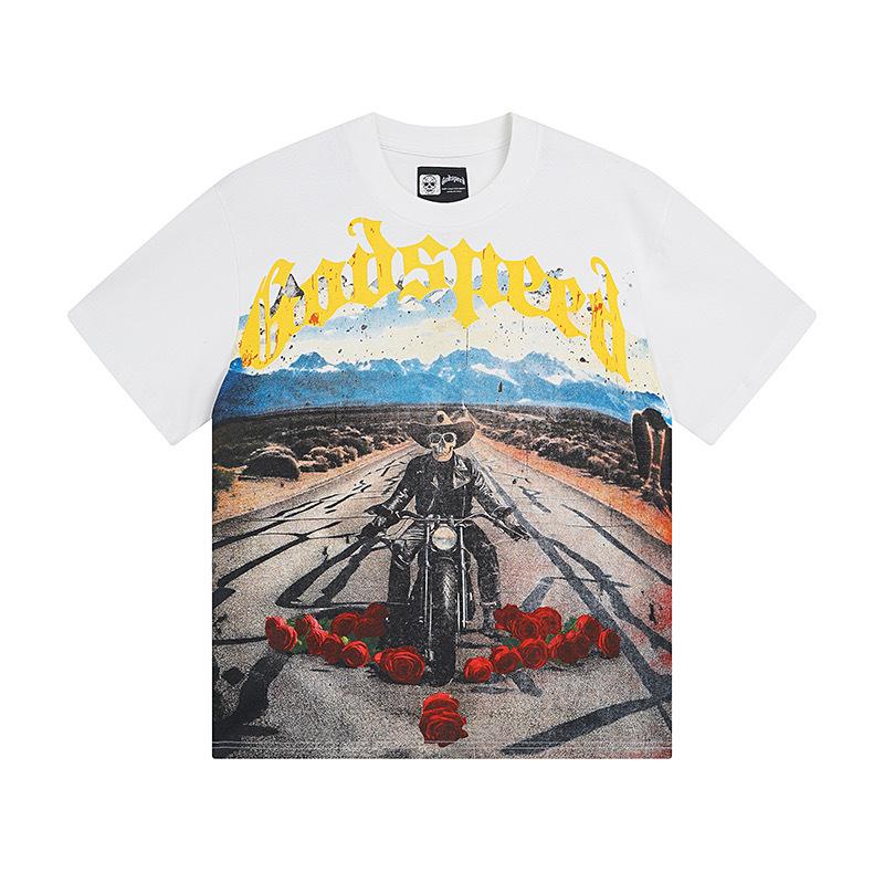 25SS Grensoverschrijdend Meichao Godspeed Schedel Rockband Basketbal Retro Korte Mouw T-shirt Koppels Dezelfde Stijl