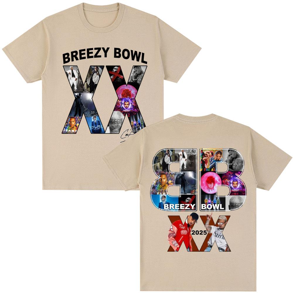 Rapper Chris Brown Album Tshirt Breezy Bowl XX Tour 2025 Hip Hop Vintage T Shirt Men Women Oversized Cotton Tshirts Streetwear