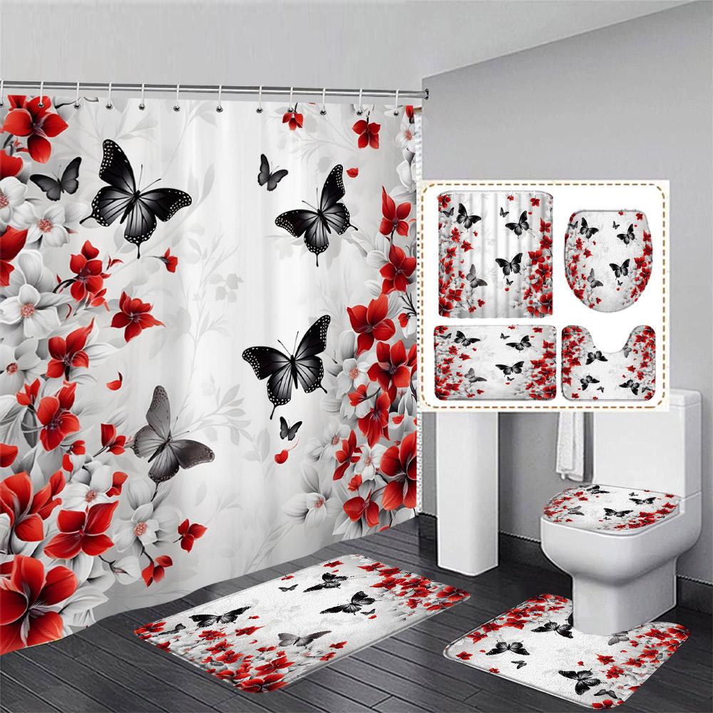 Floral Blue Butterfly Shower Curtain Set Purple Flowers Plant Butterflies Pattern Home Bathroom Decor Bath Mats Toilet Lid Cover