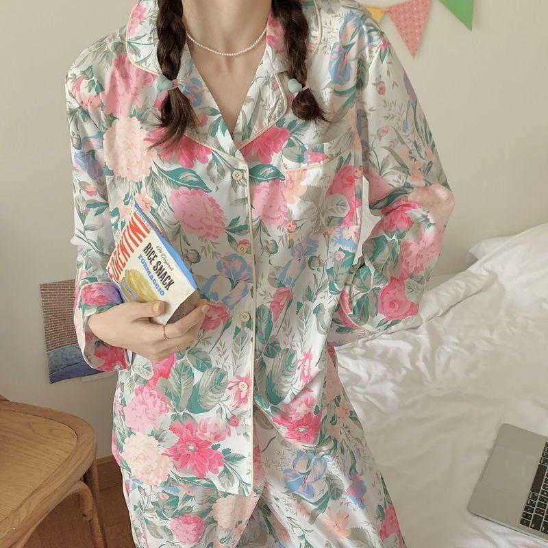 

Шелковая пижама, женские топы с длинными рукавами, длинные брюки, шелковая пижама, комплект из двух предметов, домашняя одежда, принтованная корейская одежда в стиле кавайи, пижама 2XL