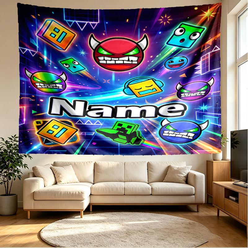 Custom Name Personalized Geometry Dash Print Tapestry, Wall Art Decor, Bedroom, Dorm, Apartment, LivingRoom, Party Backdrop, Gift for Birthday