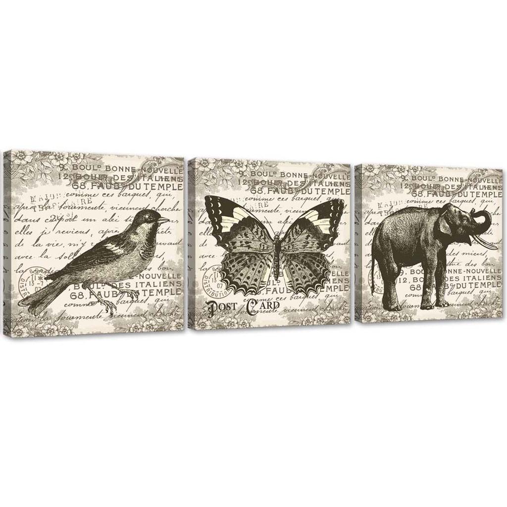 Set of Three Pictures Canvas Print Animals Retro