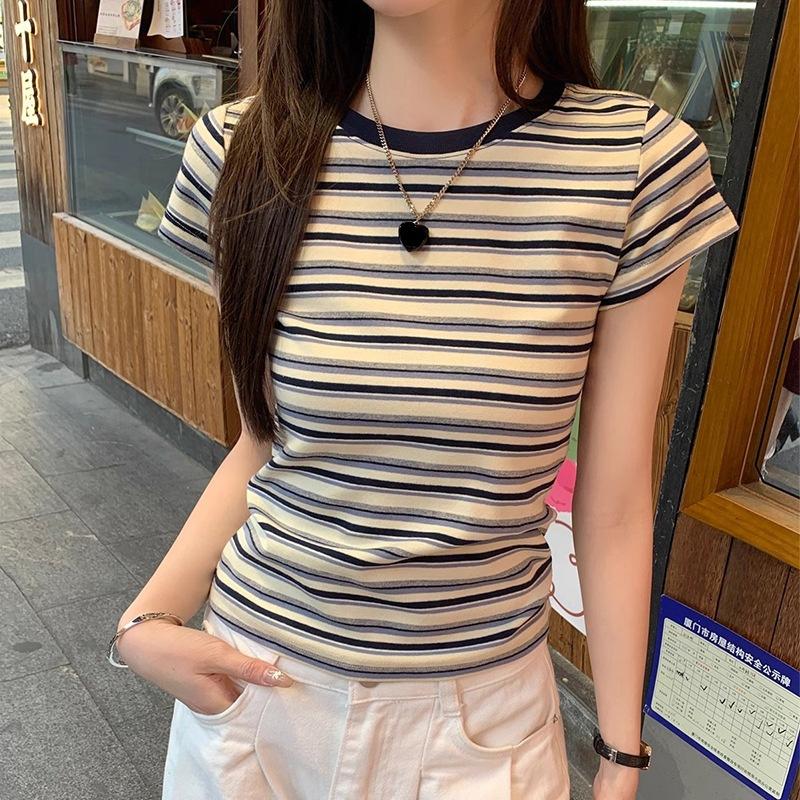 2026 Summer New Style Contrast Color Striped Short Sleeve T-Shirt for Women, Slim Fit and Versatile Top