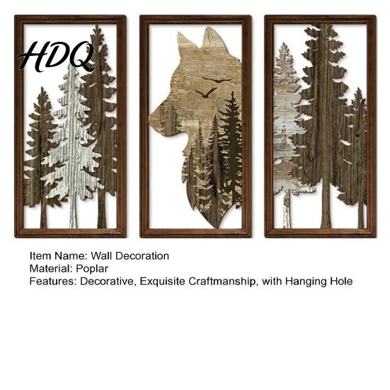 Vintage Style Wood Sculpture 3Pcs Wooden Forest Wolf Wall Decorations Decorative Hanging Ornaments Rustic Hollow Carved Pine Head Decor Tree Art for