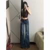 Women's Dark Blue Retro Bamboo Denim Flare Jeans - Low Waist, Loose Fit