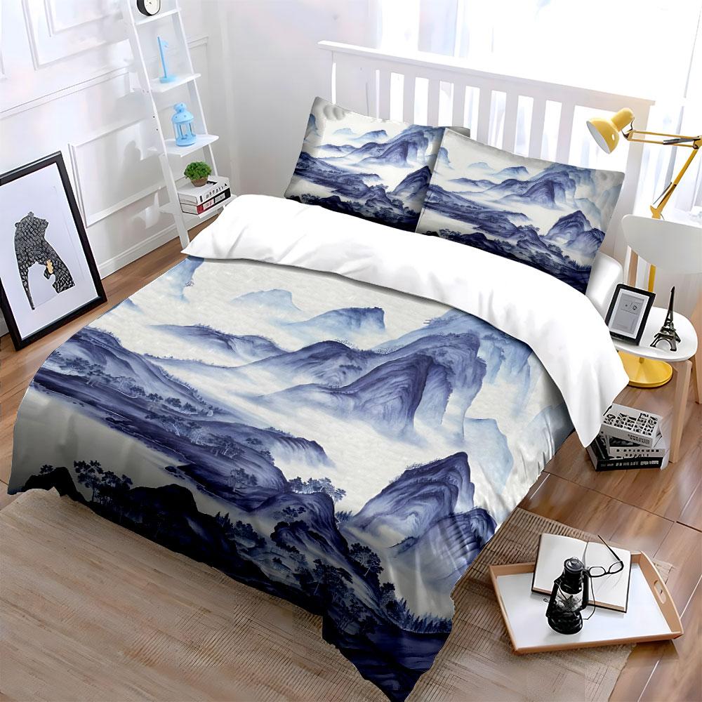 Ink Landscape Painting With Cloudy Peaks Print Bedding Set 1 Duvet Cover 2 Pillowcases For Adult And Children Luxury Gift