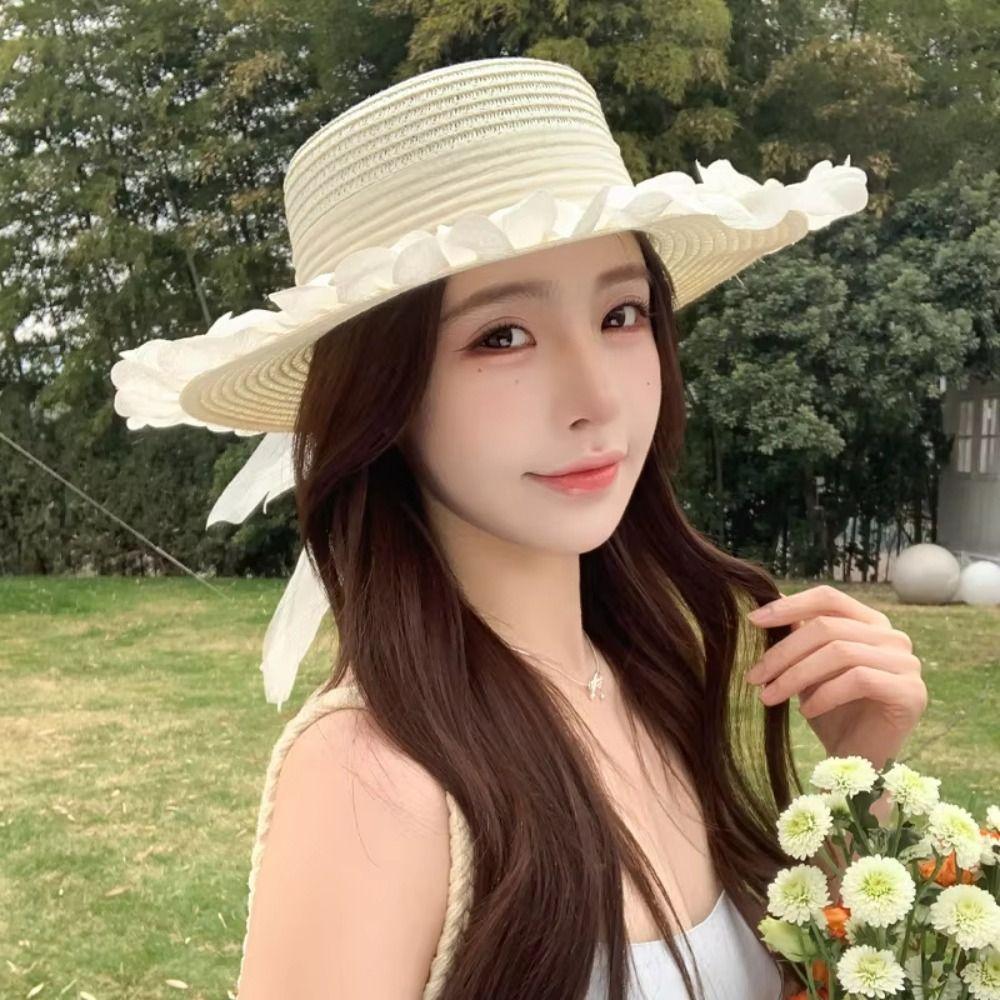 Breathable Straw Hat Wide-brimmed Beach Hat Sweet Sunshade Hat  for Summer Sun Protection