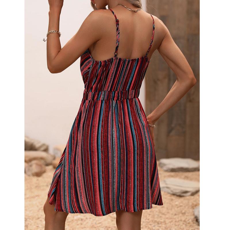 Women Dresses 2025 Summer Sleeveless Strap Dress Sexy V-Neck Striped Women Dress J878