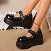 Fashion Wedge Heel Mary Jane Shoes Summer New Round Toe Shallow Mouth Rivet Metal Buckle Waterproof Platform Non-slip High Heels