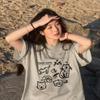 Fat mm summer loose t-shirt women's gray thin large size catty short sleeve niche front shoulder crew neck top design sense