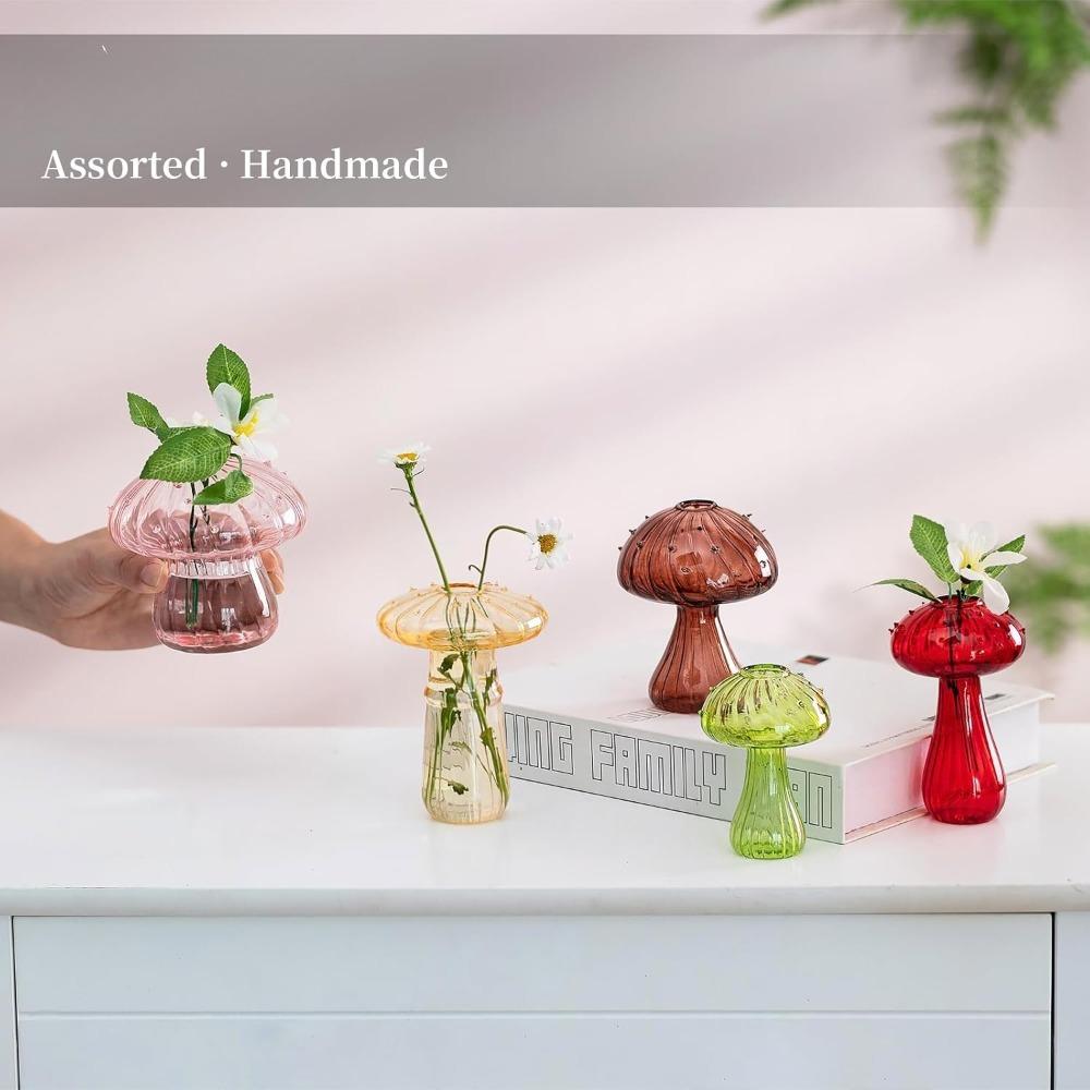 5pcs Mushroom Glass Planter Colored Plant Propagation Station Mini Terrarium for Plants Unique Small Glass Vase for Flowers