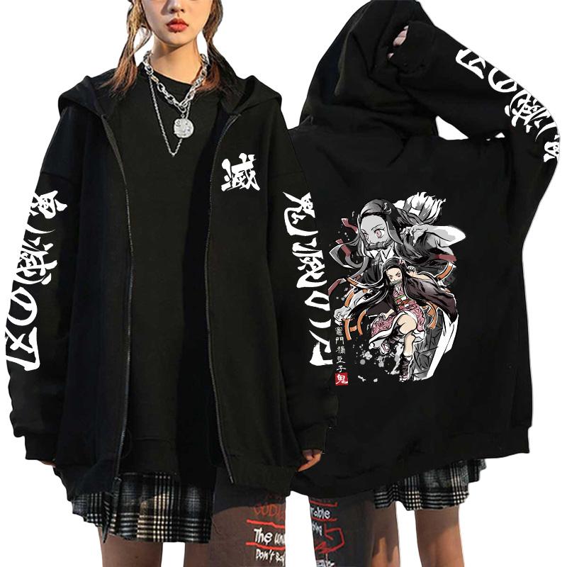 Women's Japanese Retro High Quality Hoodie Harajuku Anime Demon Slayer Printed Zipper Sweatshirt Outerwear Spring Loose Jacket