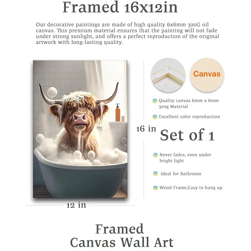 UPWOIGH Bathroom Wall Art, 12x16in Highland Cow Wall Decor,Waterproof Wood Framed Canvas Wall Art, Cute Funny Animal Bat 12.00  x 16.00