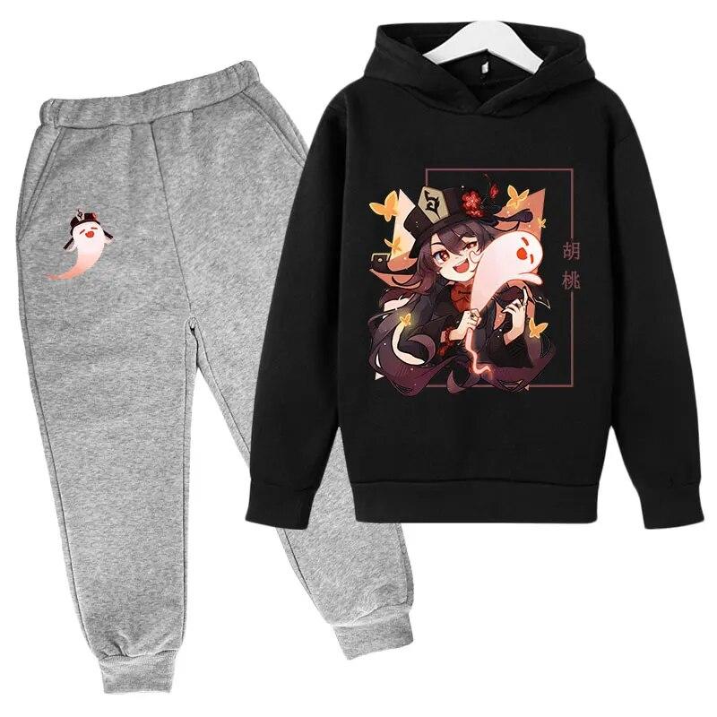 Anime Game Genshin Impact Printed Boys Girls Tracksuit Sets HuTao Pattern Hoodie + Pants 2pcs Sets Fashion Casual Unisex Clothing Children's Set
