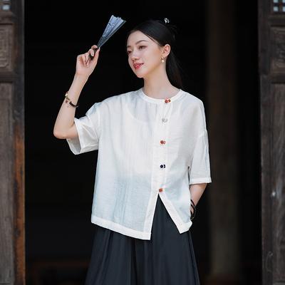 Women Vintage Solid Color Shirts Tops Button Blend Chinese Style Summer Blouses Casual Soft Shirts
