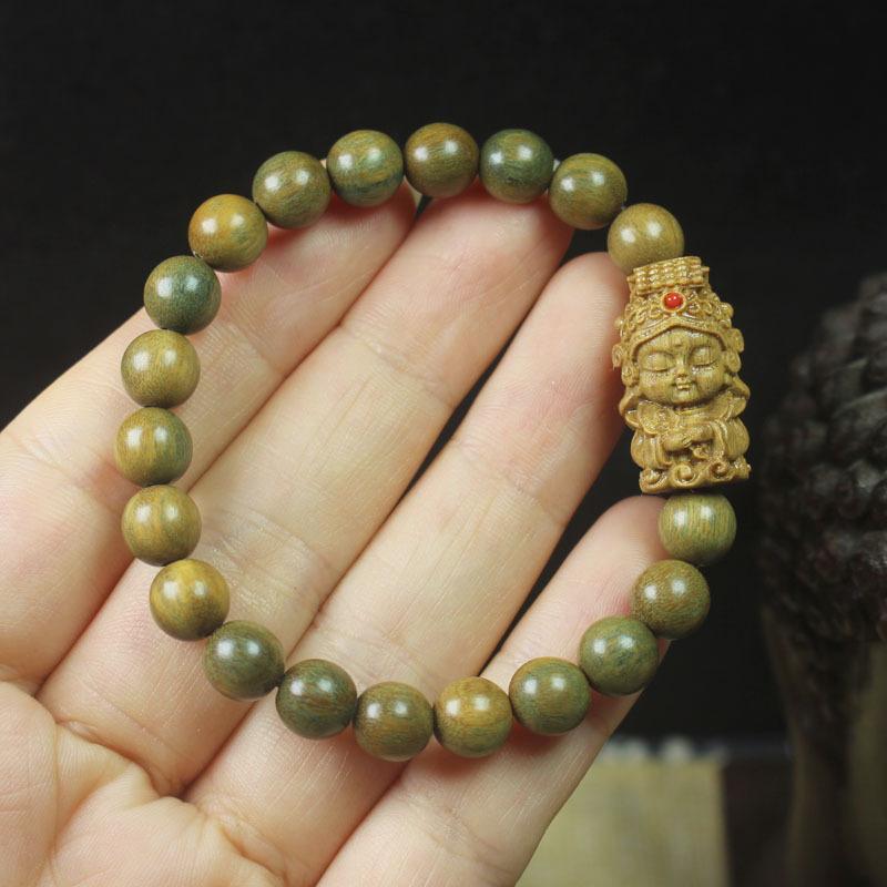 Fragrant Green Sandalwood Bracelet with Carved Mazu Pendant