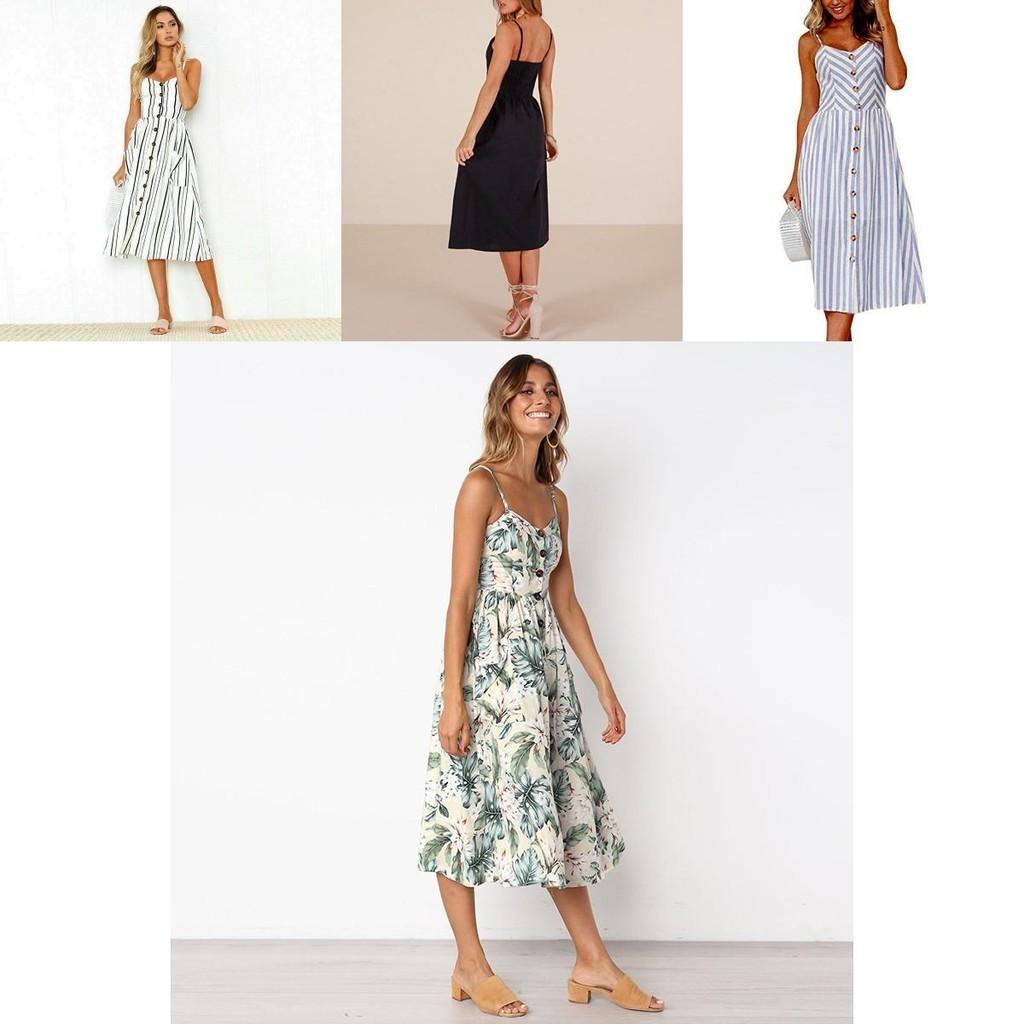 Elegante Abito Midi Estivo da Donna Boho con Spalline Sottili e Tasche a Bottone
