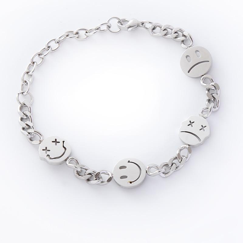 European Smiley Face Stainless Steel Bracelet & Hip Hop Cartoon Necklace Set