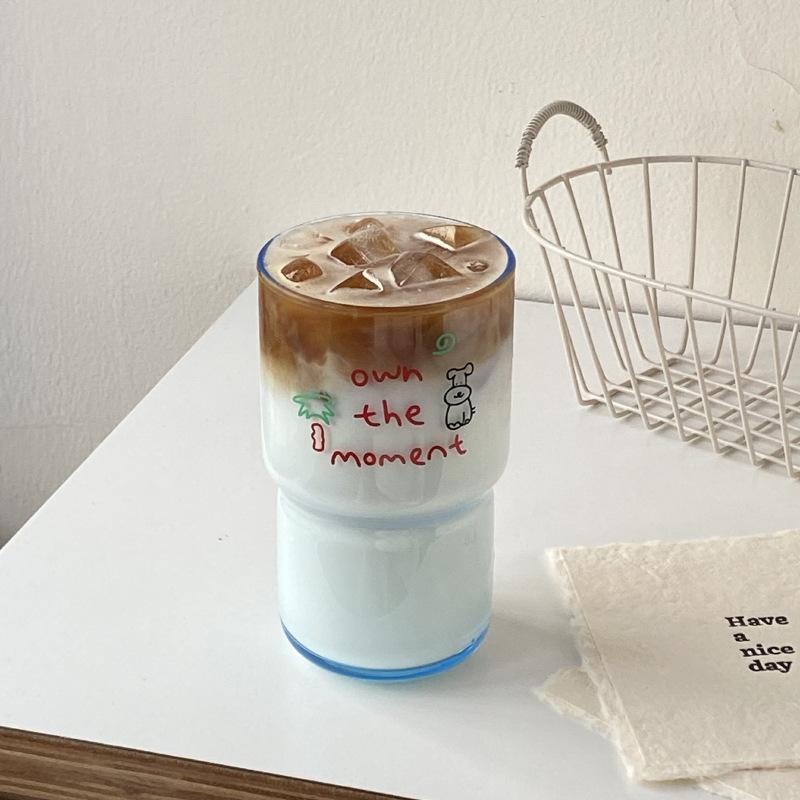 Blue Texture Coconut Tree Puppy Glass, Niche High-End Feeling Blue Water Cup, High Temperature Coffee Cup