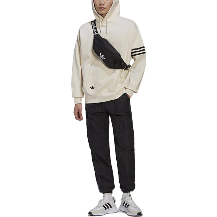 Adidas Originals Trefoil Logo Print Stripe Drawstring Hoodie With Long Sleeves Men Hoodie Beige HM1870