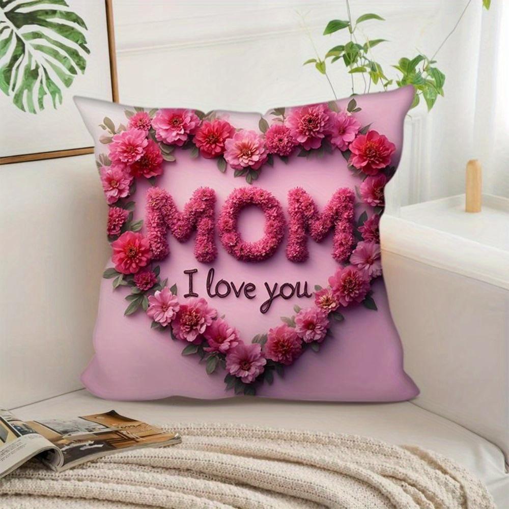 Mother'S Day Floral Heart Pillow Cover Mom I Love You Pattern Cushion Cover Decorative Soft For Sofa Bed Living Room Home Decor