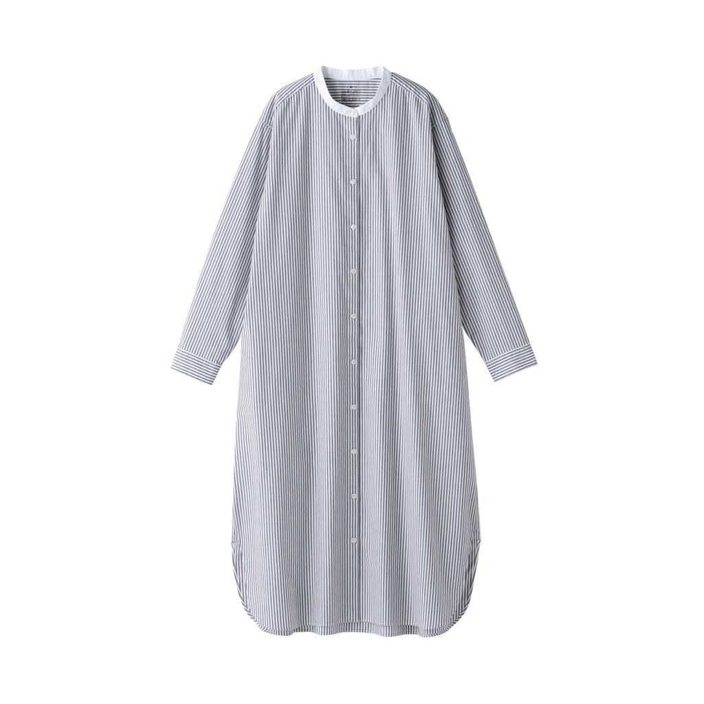 MUJI Women's Washed Broad Stand Collar Long Sleeve Dress, Dark Navy Stripe, Size L, BC2LUA5S