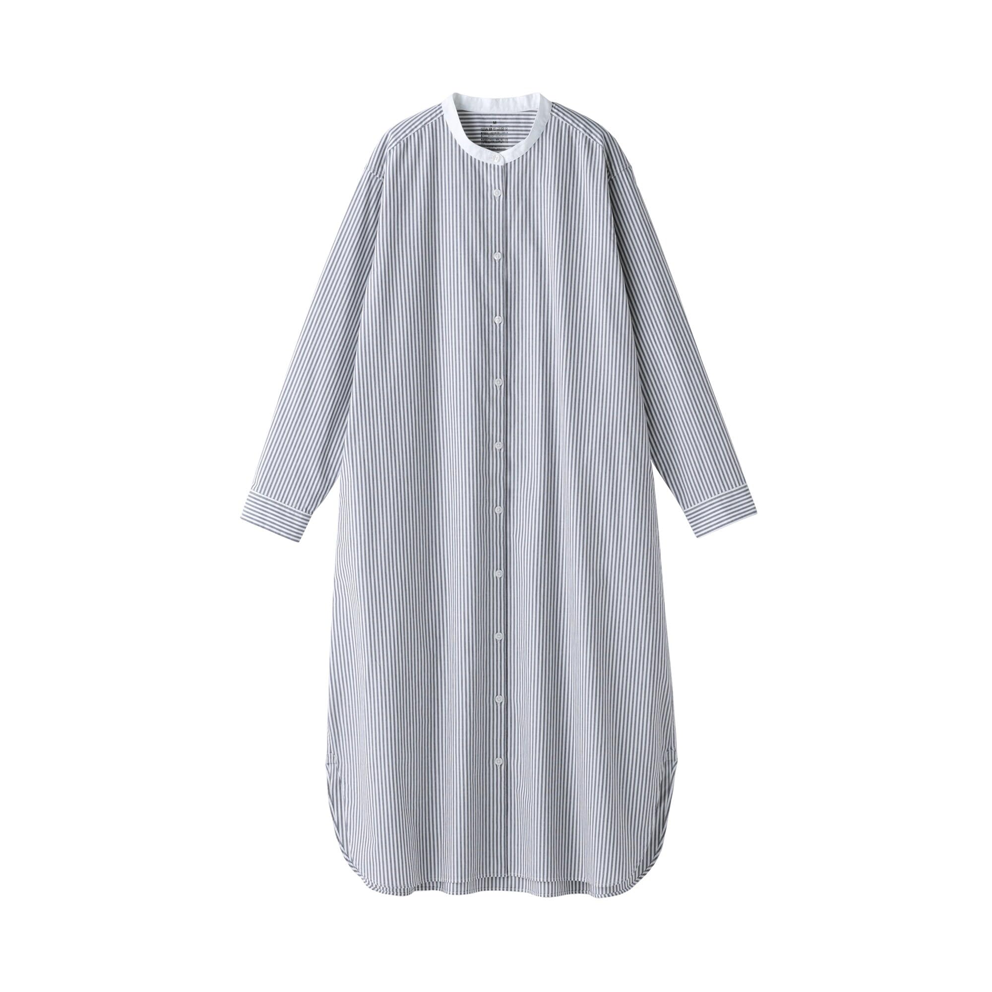 

MUJI Women s Washed Broad Stand Collar Long Sleeve Dress, Dark Navy Stripe, Size L, BC2LUA5S