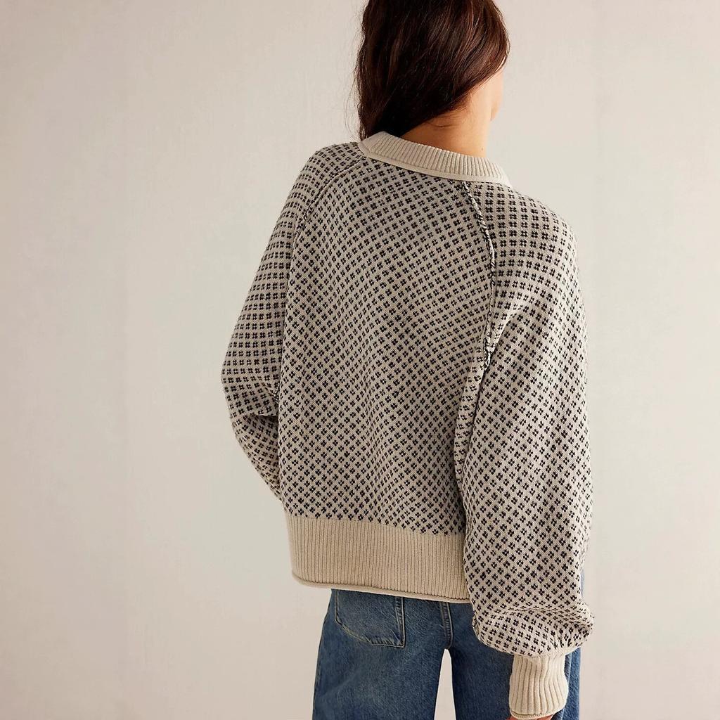Women Jacquard Crew Neck Sweater Long Sleeve Loose Oversized Chunky Knit Casual Pullover Jumper Spring Autumn Top