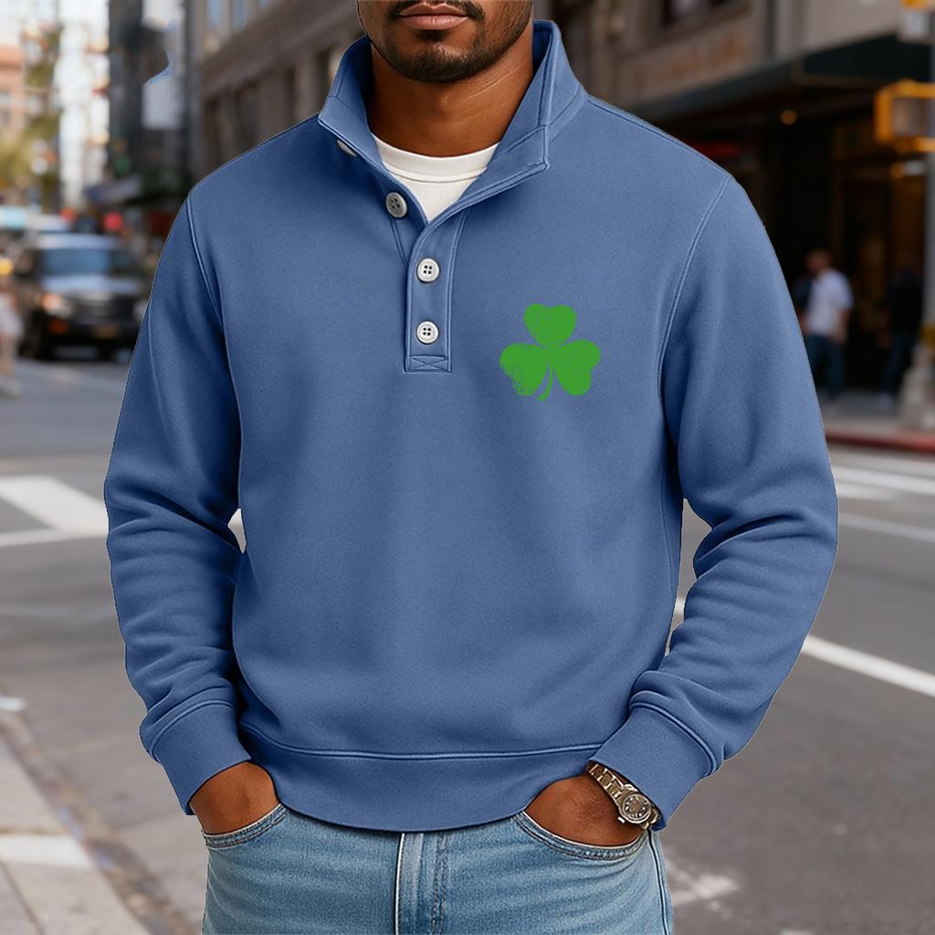 Men's Casual Stand-Up Collar Long-Sleeve Top Print Button-Down Sweatshirt