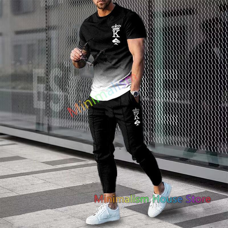 Fashion Men Trousers Tracksuit Stripe Printed Jogger Sportswear Short Sleeve T Shirt +Long Sweatpants 2 Piece Sets Men Clothes