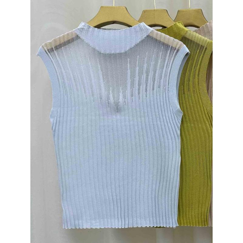 Dámské jednobarevné úzké pletené tílko bez rukávů Šik polovyvýšený síťovaný malý top Sexy dutý tílko