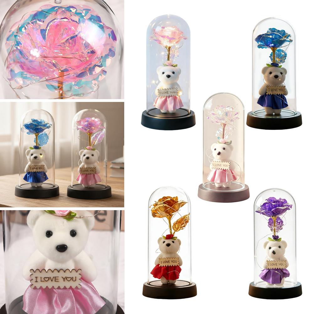 Eternal Gold Foil Rose Bear With Acrylic Cover Colorful Creative Golden Gift Valentine's Decoration Day Bouquet Ornament P5M7