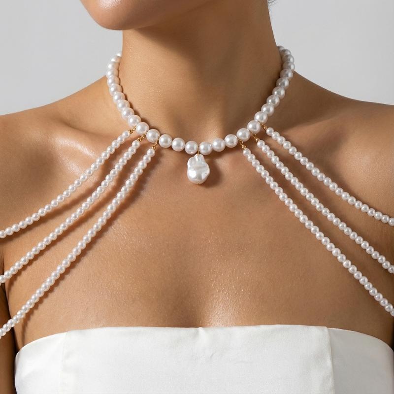 Boho Imitation Pearl Multi Layer Body Chain Beaded Shoulder Chain for Women Beach Vacation Daily Wear Jewelry