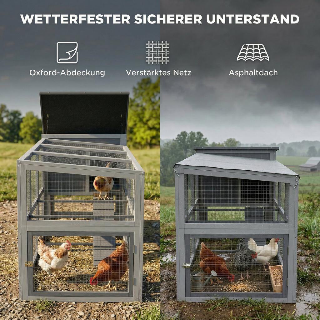Chicken coop/chicken house for 3-4 chickens with run, nesting box, asphalt roof, Oxford covering, pull-out drawer, 264x82x89cm, grey