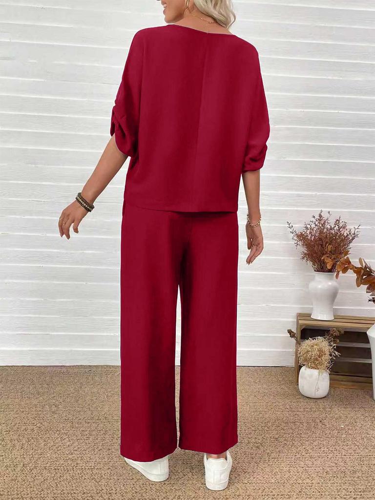 European & American Fashion 2025 Casual Set: Crew Neck Top + Vertical Wide-Leg Pants
