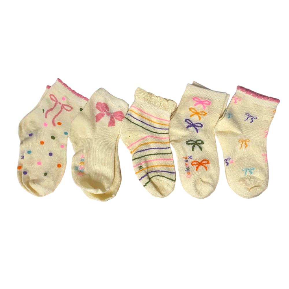 Girls Bow and Polka Dot Patterned Socks Pack of 5 Soft Cotton Crew Socks with Comfortable Fit for Daily Wear One Size