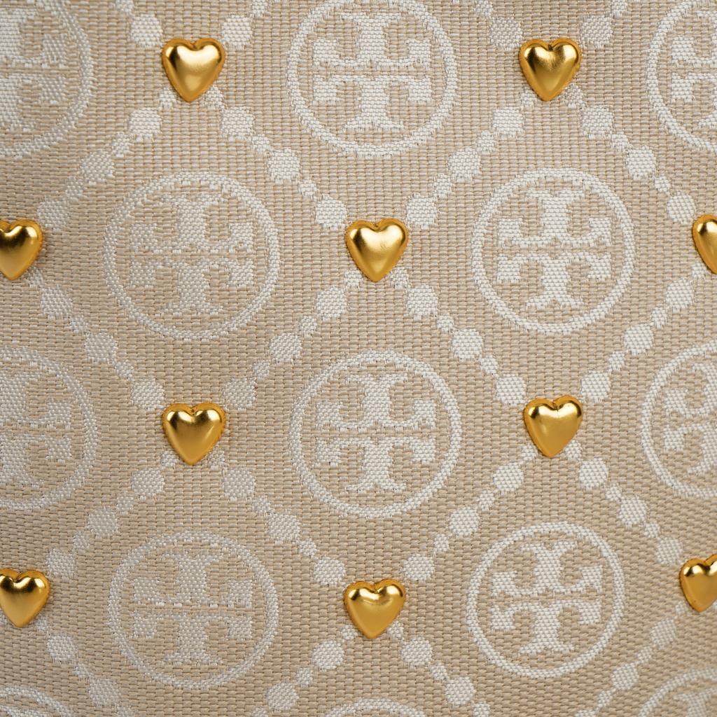 Tory Burch T Monogram Metal Heart Stud Drawstring Bucket Bag Women Handbags Ivory 161505-104
