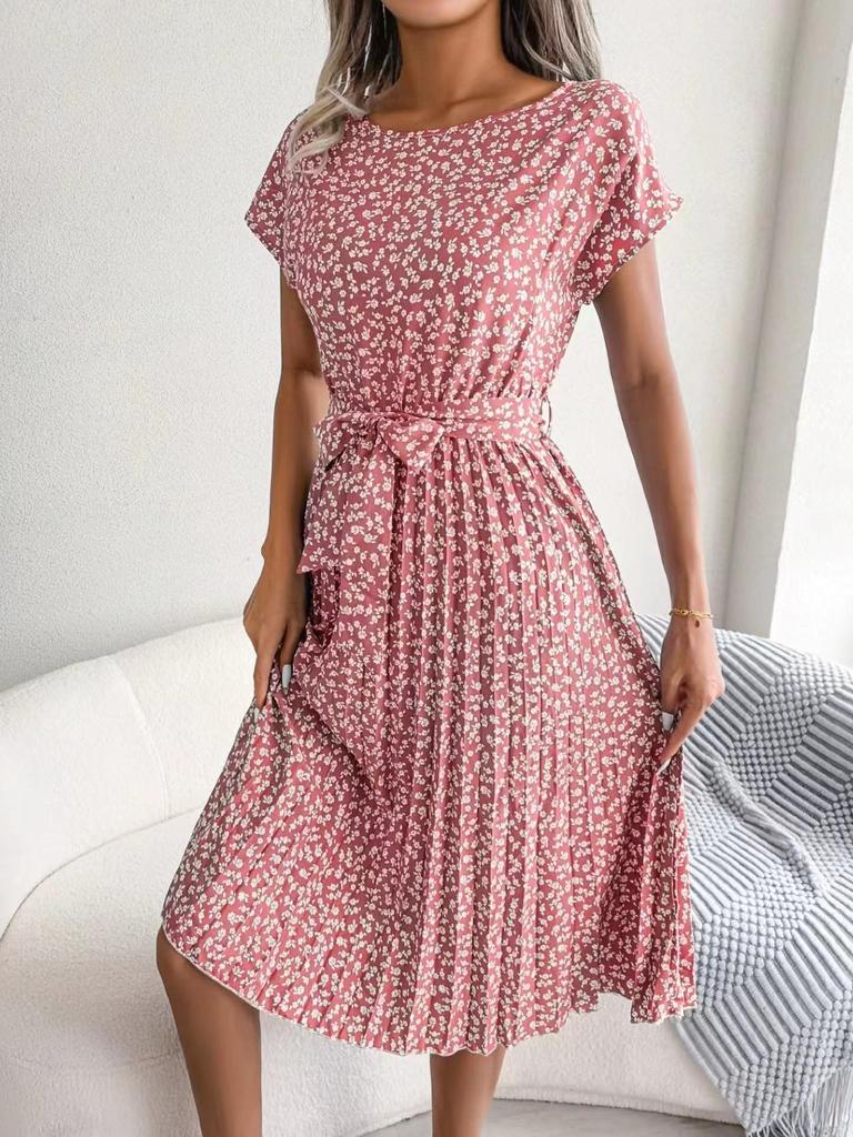 Feng Real Spring/Summer Floral Pleated Skirt with Short Sleeves - Women's European American Style
