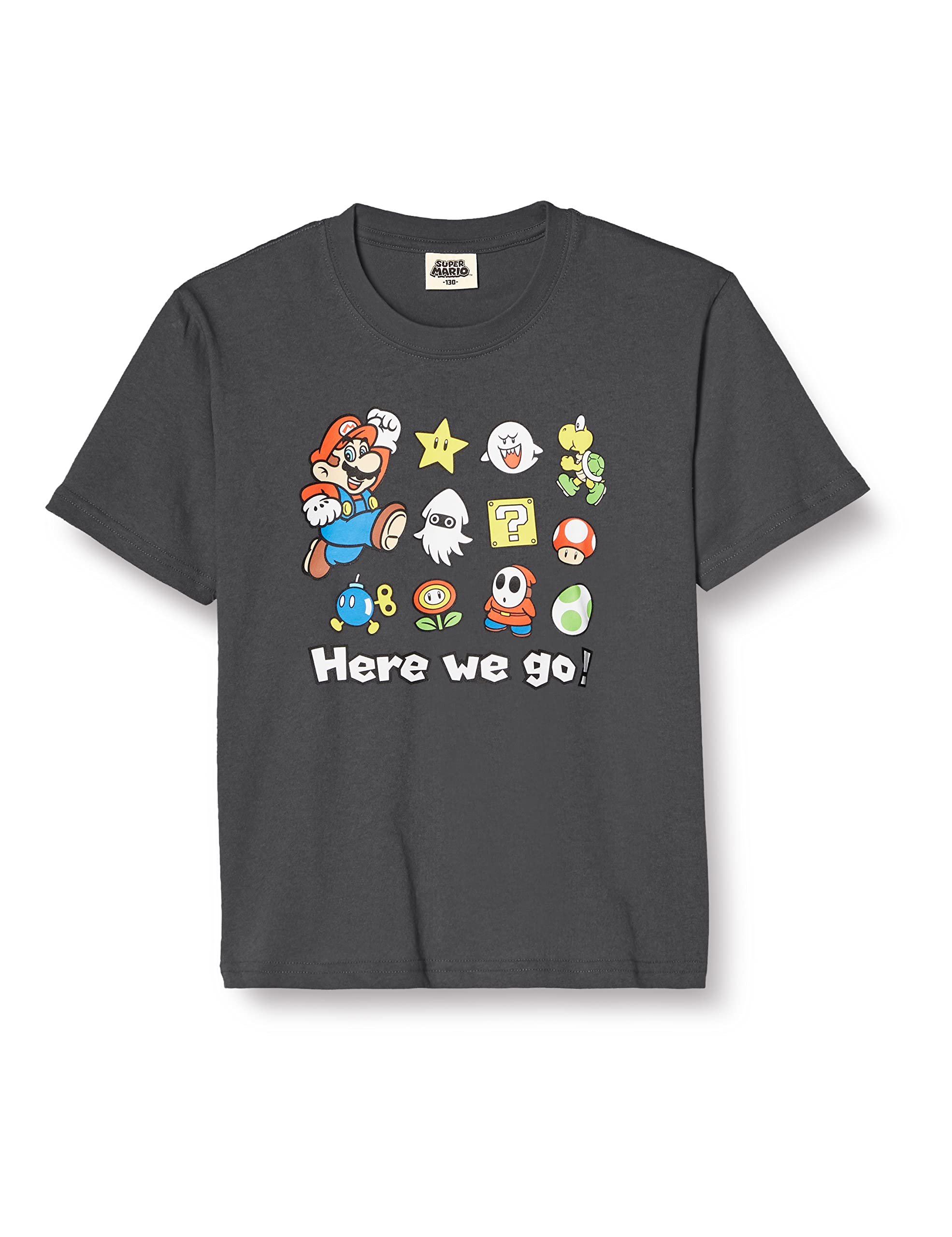 

Mario HERE WE black [Super Mario] T-shirt, goods, character, kids, GO, Yoshi, Luigi, children s clothing,