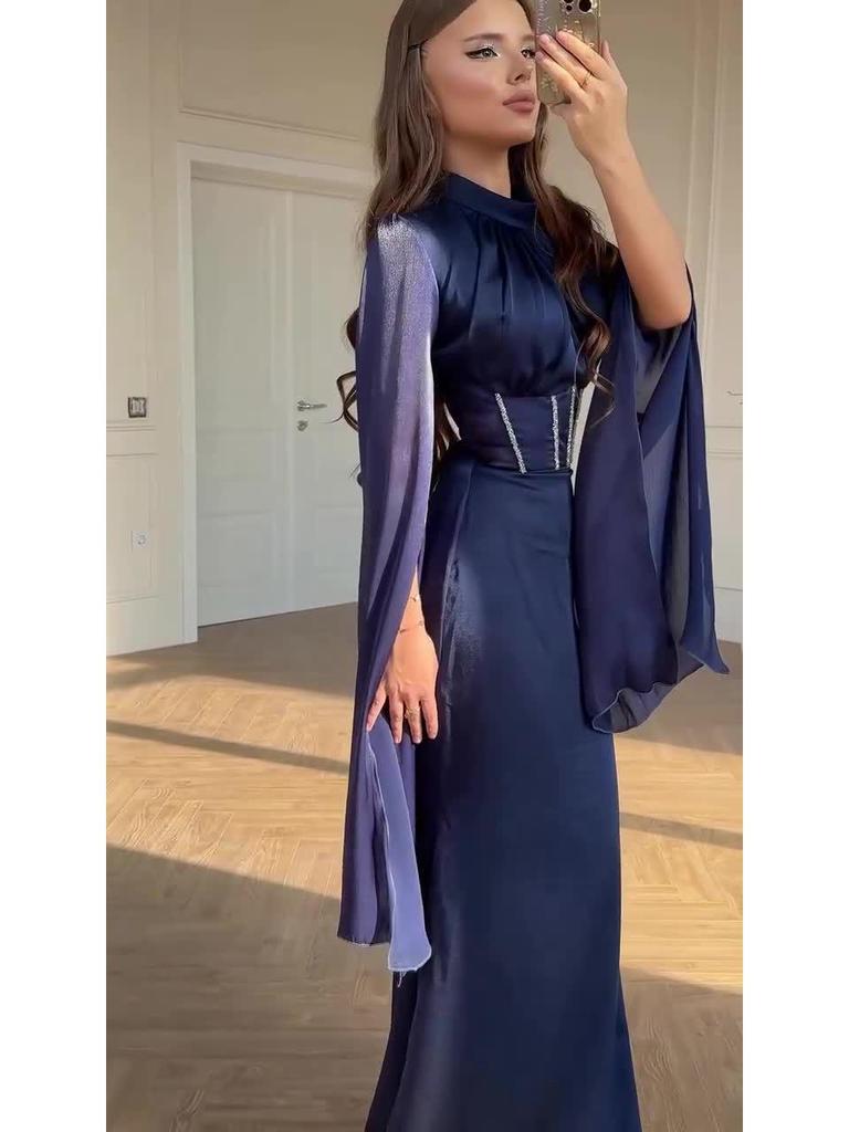 Spring Women's Elegant Flowy Long-Sleeve Dress - European American 2025 Style