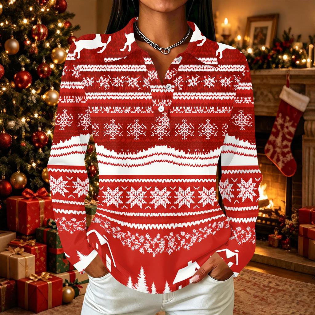 Women's Casual Christmas Print Long Sleeve Button Front Top with Lapel Collar and Side Slits
