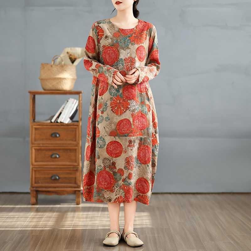 New Retro Printed Round Neck Loose Plus Size Long Dresses
