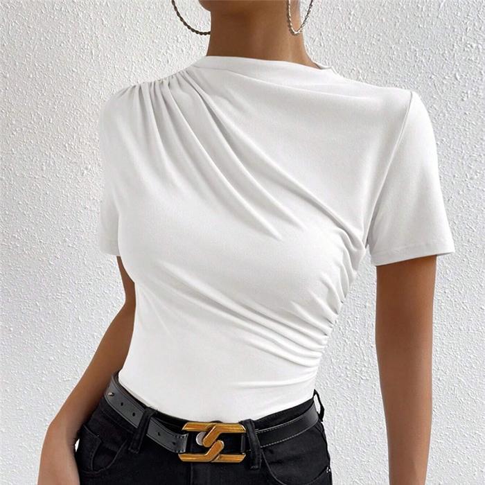 Ladies Summer Short Sleeve High Collar Solid Color Slim Fit Bodycon Pullover Casual Pleated T Shirt Top