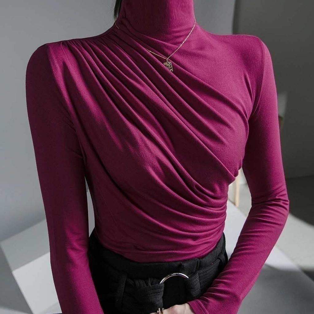 Pleated Half Turtleneck Bottoming Shirt for Women Tshirts Long Sleeve Slim Tops