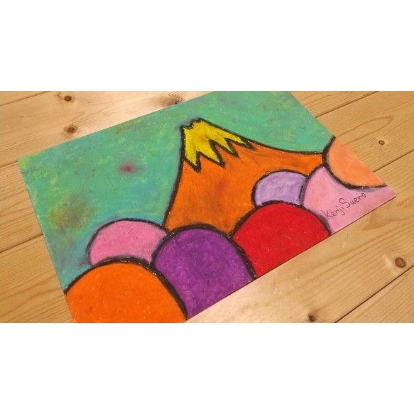 Used Azaleas and Mt. Fuji - Hand-drawn Crayon Painting, Landscape, A4 Size, 785, Interior