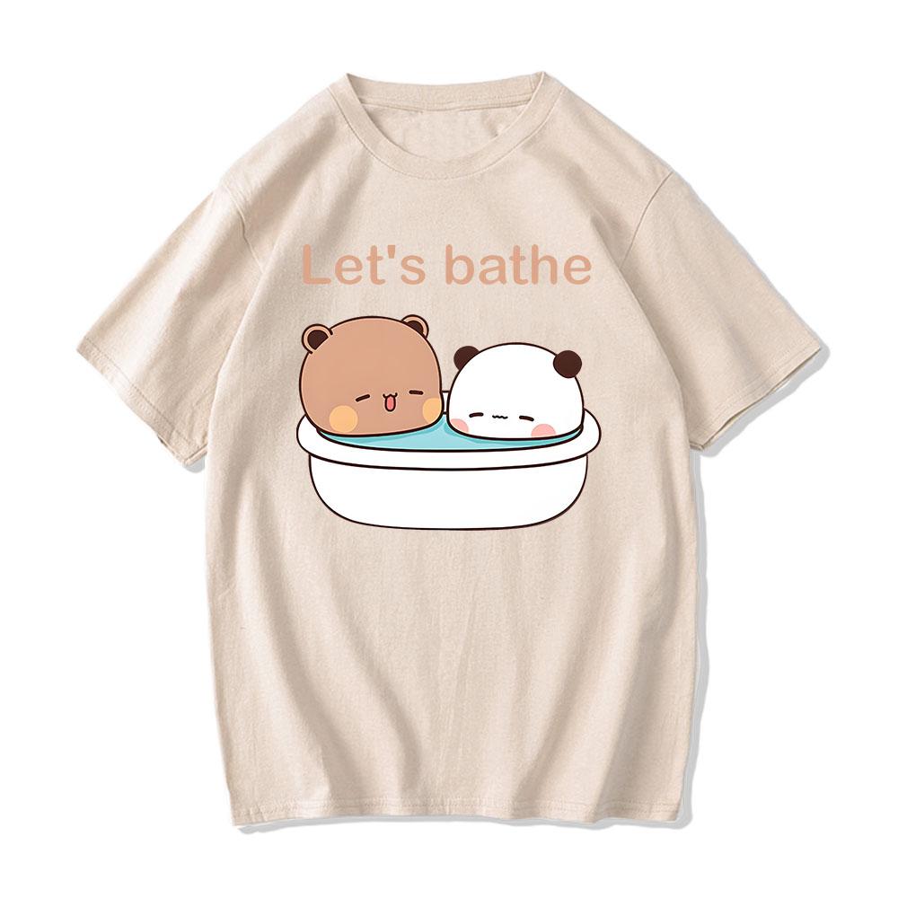 Kawaii Bear Panda Bubu And Dudu T Shirts Let's Bathe Cartoon Print Tee-shirt 100% Cotton Tshirt Short Sleeve Tees O-Neck Cute Tees  Anime Casual